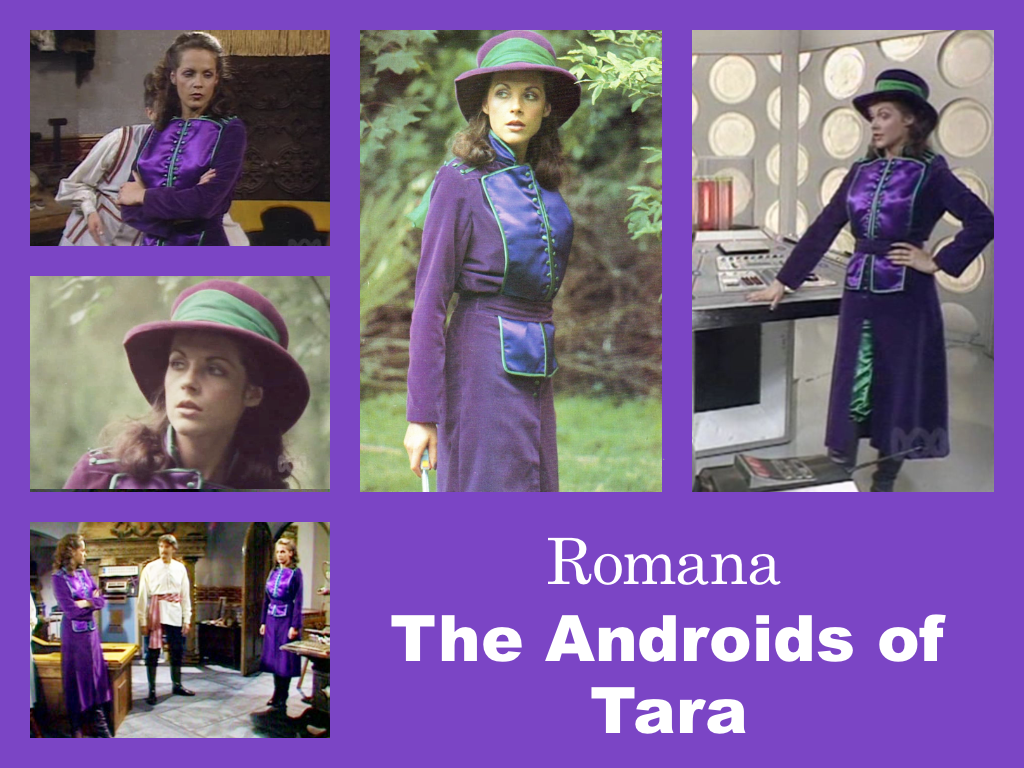 Selection of images of Romana's outfit from The Androids of Tara.  A long purple velvet coat with a satin breast front.  This is over green coulottes and purple boots and a large wide-rimmed purple hat with a green tie.
